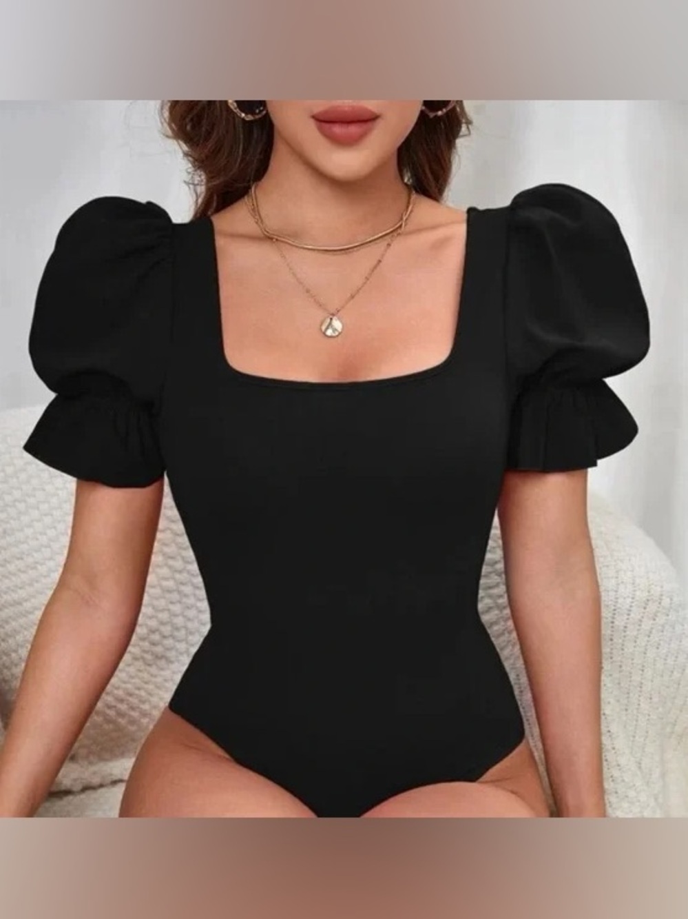 Classic Black Square Neck Puff Sleeve Bodysuit